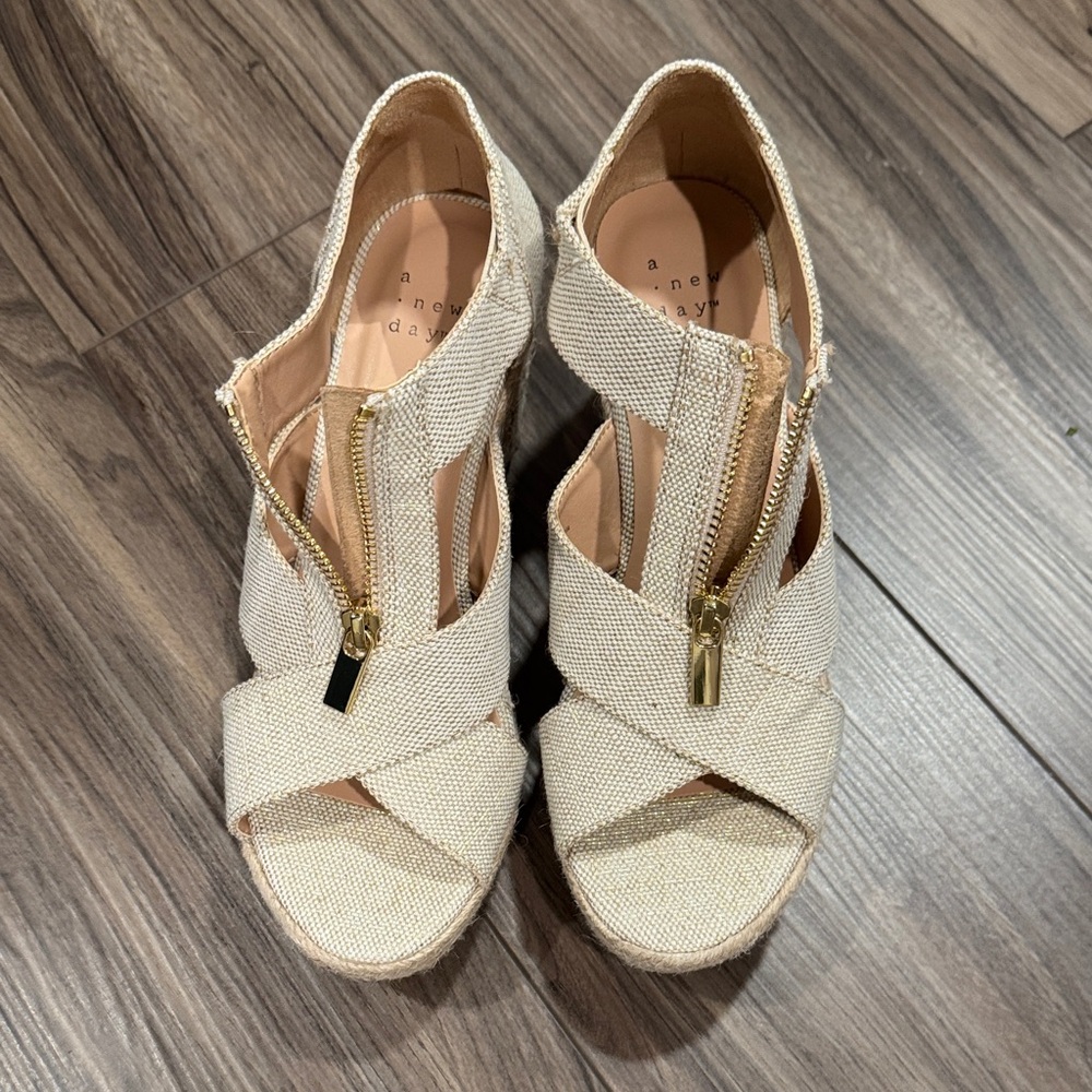 a new day Cream Crisscross Wedge Sandals with Gold Zipper